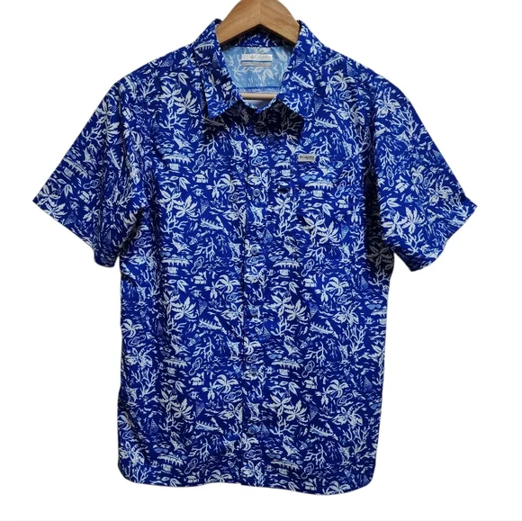Columbia PFG Shirt Boys Youth XL Blue White Floral Hawaiian Short Sleeve Button - Picture 1 of 15